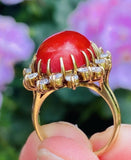 Vintage 14K Sardinian Red Coral Cabochon Diamond Cocktail Ring