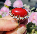 Vintage 14K Sardinian Red Coral Cabochon Diamond Cocktail Ring