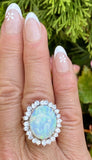 Vintage 14k White Gold 7.4ct Opal Diamond Halo Cocktail Ring