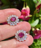 Vintage Estate 18k Gold 4ct Ruby Diamond Double Halo Stud Drop Earrings