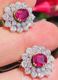 Vintage Estate 18k Gold 4ct Ruby Diamond Double Halo Stud Drop Earrings