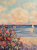 KADLIC Impressionist Seascape Flowers Original Oil Painting On Canvas 24x20”