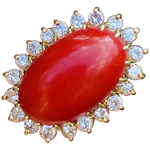 Vintage 14K Sardinian Red Coral Cabochon Diamond Cocktail Ring