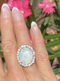 Vintage 14k White Gold 7.4ct Opal Diamond Halo Cocktail Ring