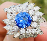 Vintage 1950s Platinum 5ct Blue Sapphire VS Diamond Halo Ballerina Ring