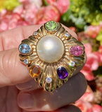 Vintage 14k Gold Mabe Pearl Diamond Gemstone Necklace Pendant Clip