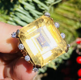 Large Vintage 18k Gold Retro Citrine Diamond Cocktail Ring