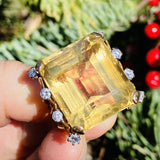 Large Vintage 18k Gold Retro Citrine Diamond Cocktail Ring