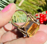 Large Vintage 18k Gold Retro Citrine Diamond Cocktail Ring