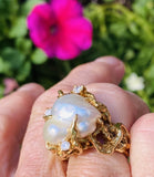 Vintage Arthur King Style 14k Gold Baroque Pearl G VS Diamond Cocktail Ring