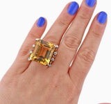 Large Vintage 18k Gold Retro Citrine Diamond Cocktail Ring