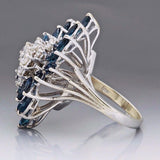 Vintage Retro 14k White Gold Blue Sapphire VS Diamond Cluster Cocktail Ring