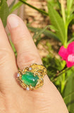 Vintage 18k Gold Brutalist Emerald Diamond Cocktail Ring