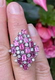 Striking 14k Gold Vintage Retro pink Tourmaline Diamond Cluster Ring