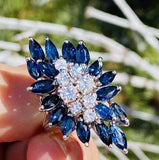 Vintage Retro 14k White Gold Blue Sapphire VS Diamond Cluster Cocktail Ring