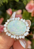 Vintage 14k White Gold 7.4ct Opal Diamond Halo Cocktail Ring