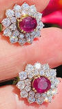 Vintage Estate 18k Gold 4ct Ruby Diamond Double Halo Stud Drop Earrings