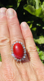 Vintage 14K Sardinian Red Coral Cabochon Diamond Cocktail Ring