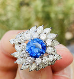 Vintage 1950s Platinum 5ct Blue Sapphire VS Diamond Halo Ballerina Ring