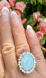 Vintage 14k White Gold 7.4ct Opal Diamond Halo Cocktail Ring