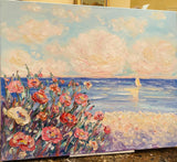 KADLIC Impressionist Seascape Flowers Original Oil Painting On Canvas 24x20”