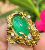 Vintage 18k Gold Brutalist Emerald Diamond Cocktail Ring