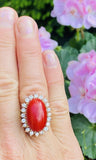 Vintage 14K Sardinian Red Coral Cabochon Diamond Cocktail Ring