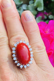 Vintage 14K Sardinian Red Coral Cabochon Diamond Cocktail Ring