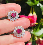 Vintage Estate 18k Gold 4ct Ruby Diamond Double Halo Stud Drop Earrings