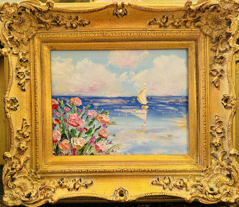 KADLIC Original Oil Painting Wildflowers Impasto Gold Gilt 15" Frame