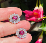 Vintage Estate 18k Gold 4ct Ruby Diamond Double Halo Stud Drop Earrings