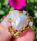 Vintage Arthur King Style 14k Gold Baroque Pearl G VS Diamond Cocktail Ring