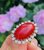 Vintage 14K Sardinian Red Coral Cabochon Diamond Cocktail Ring