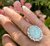 Vintage 14k White Gold 7.4ct Opal Diamond Halo Cocktail Ring