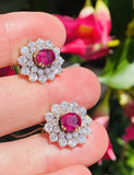 Vintage Estate 18k Gold 4ct Ruby Diamond Double Halo Stud Drop Earrings