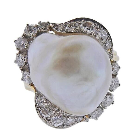 Vintage Estate 18k Yellow Gold Platinum Baroque Pearl VS Diamond Cocktail Ring