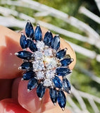 Vintage Retro 14k White Gold Blue Sapphire VS Diamond Cluster Cocktail Ring