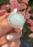 Vintage 14k White Gold 7.4ct Opal Diamond Halo Cocktail Ring