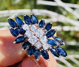 Vintage Retro 14k White Gold Blue Sapphire VS Diamond Cluster Cocktail Ring