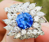 Vintage 1950s Platinum 5ct Blue Sapphire VS Diamond Halo Ballerina Ring