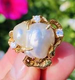 Vintage Arthur King Style 14k Gold Baroque Pearl G VS Diamond Cocktail Ring