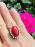 Vintage 14K Sardinian Red Coral Cabochon Diamond Cocktail Ring