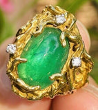 Vintage 18k Gold Brutalist Emerald Diamond Cocktail Ring