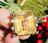 Large Vintage 18k Gold Retro Citrine Diamond Cocktail Ring