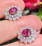 Vintage Estate 18k Gold 4ct Ruby Diamond Double Halo Stud Drop Earrings