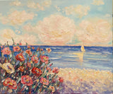 KADLIC Impressionist Seascape Flowers Original Oil Painting On Canvas 24x20”