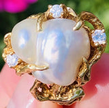 Vintage Arthur King Style 14k Gold Baroque Pearl G VS Diamond Cocktail Ring