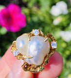 Vintage Arthur King Style 14k Gold Baroque Pearl G VS Diamond Cocktail Ring