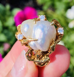 Vintage Arthur King Style 14k Gold Baroque Pearl G VS Diamond Cocktail Ring