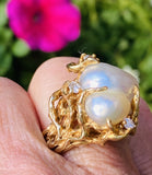 Vintage Arthur King Style 14k Gold Baroque Pearl G VS Diamond Cocktail Ring